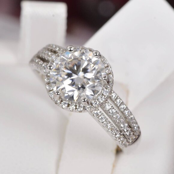 Certified 2.0 ct Halo Brilliant Cut Moissanite Engagement Ring 925 Sterling - Picture 1 of 9